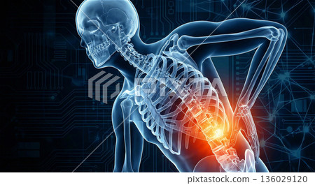 腰痛和椎間盤突出示意圖。腰椎骨骼X光片（三維影像）。 136029120