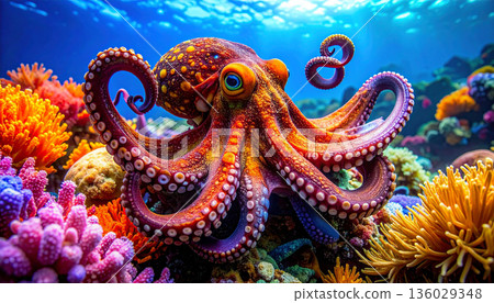 Bright Orange Octopus in Coral Reef Bright Orange Octopus in Coral Reef 136029348