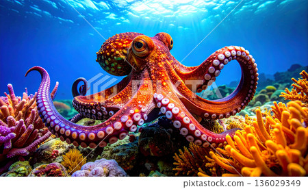 Bright Orange Octopus in Coral Reef 136029349