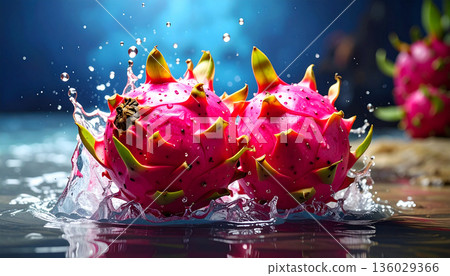 Fresh Dragon Fruit Splashing in Water 136029366