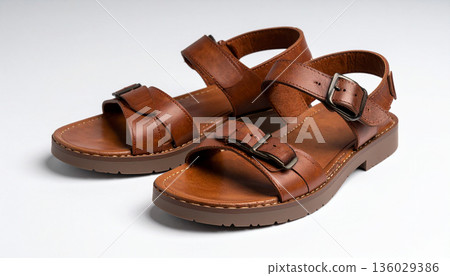 Brown Leather Sandals Isolated on White Brown Leather Sandals Isolated on White 136029386