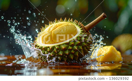 Durian Fruit on Wet Surface Durian Fruit on Wet Surface 136029392