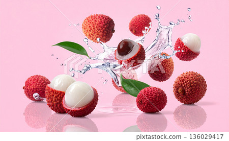 Lychee Fruit Splash on Pink Background Lychee Fruit Splash on Pink Background 136029417