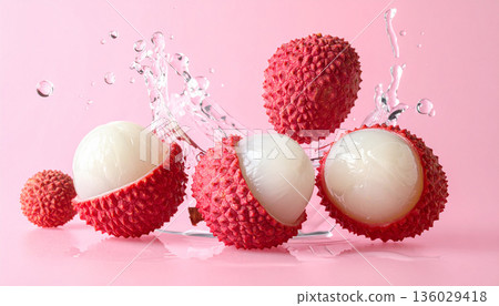 Lychee Fruit Splash on Pink Background Lychee Fruit Splash on Pink Background 136029418
