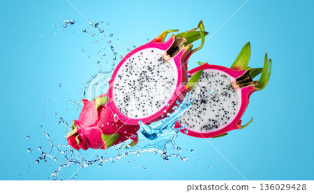 Dragon Fruit Splash on Blue Background Dragon Fruit Splash on Blue Background 136029428
