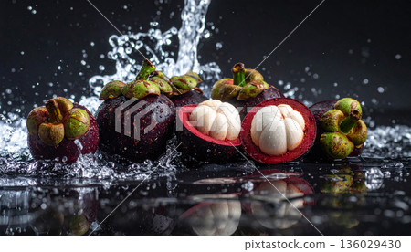 Mangosteen with Water Splash on Black Background Mangosteen with Water Splash on Black Background 136029430