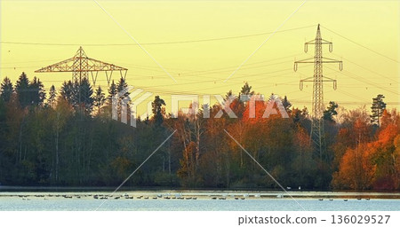 Sunset over a lake with power lines and trees in the background near a forest Sunset over a lake with power lines and trees in the background near a forest 136029527