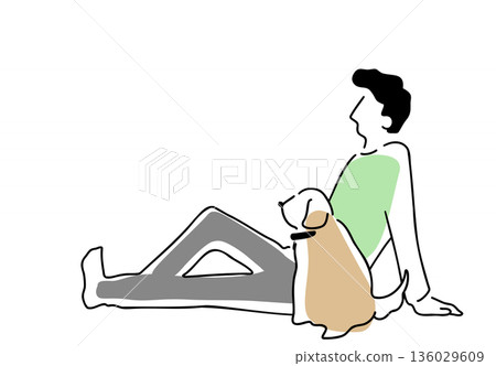 一幅彩色線條畫，描繪了一個男人和一隻狗坐在一起。 136029609