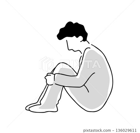 線條畫插圖,描繪一個男人抱著膝蓋。 線條畫插圖,描繪一個男人抱著膝蓋。 136029611