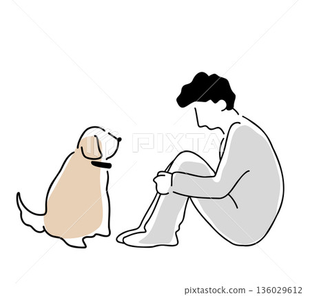 Colored line drawing of a man holding his knees and a dog Colored line drawing of a man holding his knees and a dog 136029612