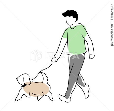 Colored line drawing of a man walking a dog Colored line drawing of a man walking a dog 136029613
