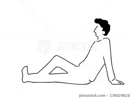 Line drawing illustration of a man sitting relaxed Line drawing illustration of a man sitting relaxed 136029628