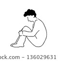 Line drawing illustration of a man holding his knees 136029631
