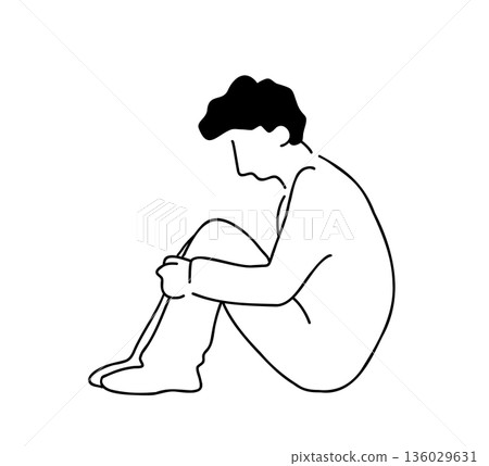 Line drawing illustration of a man holding his knees 136029631