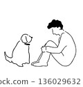 Line drawing illustration of a man holding his knees and a dog 136029632
