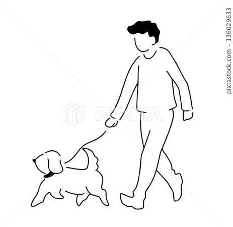 Line drawing illustration of a man walking a dog Line drawing illustration of a man walking a dog 136029633