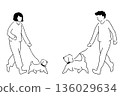 Line drawing illustration of people walking their dogs 136029634