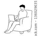 Line drawing illustration of a man sitting on a sofa and using a computer 136029635