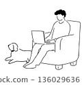 A line drawing of a man sitting on a sofa using a computer with a dog sitting next to him 136029636