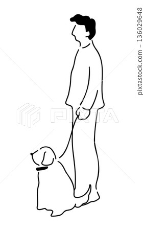 Line drawing illustration of a man walking a dog 136029648