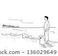 Line drawing illustration of a man walking on the beach with his dog 136029649