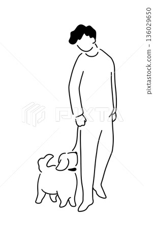 Line drawing illustration of a man walking a dog 136029650