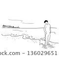 Line drawing illustration of a man walking on the beach with his dog 136029651