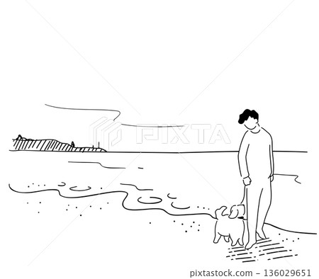 Line drawing illustration of a man walking on the beach with his dog 136029651