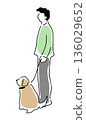Colored line drawing of a man walking a dog 136029652