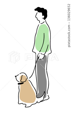 Colored line drawing of a man walking a dog Colored line drawing of a man walking a dog 136029652