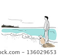 Colored line drawing of a man walking his dog on the beach 136029653