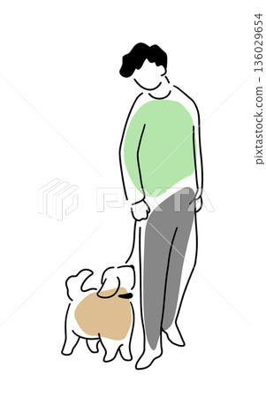 彩色線條畫，描繪的是一個男人在遛狗。 136029654