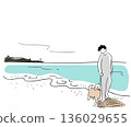 Colored line drawing of a man walking his dog on the beach 136029655