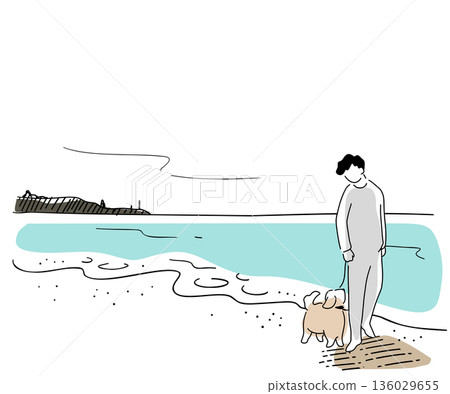 Colored line drawing of a man walking his dog on the beach 136029655