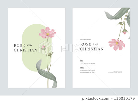 Floral wedding invitation card template design, pink cosmos flowers with leaves 136030179