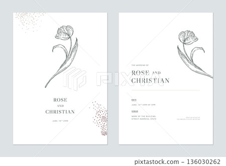 Minimal floral wedding invitation card template design, vintage tulip line art ink drawing on white Minimal floral wedding invitation card template design, vintage tulip line art ink drawing on white 136030262