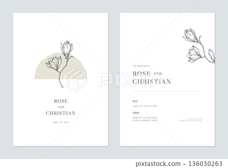 Minimal floral wedding invitation card template design, vintage magnolia line art ink drawing on white 136030263