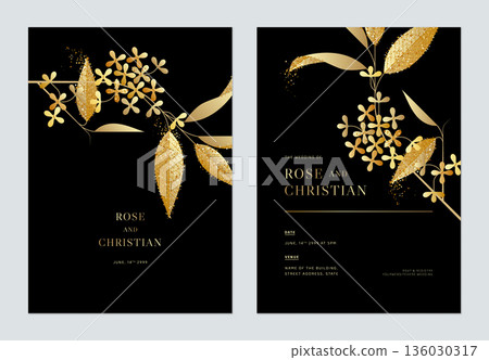 Floral wedding invitation card template design, golden Osmanthus fragrans flowers with leaves on black Floral wedding invitation card template design, golden Osmanthus fragrans flowers with leaves on black 136030317