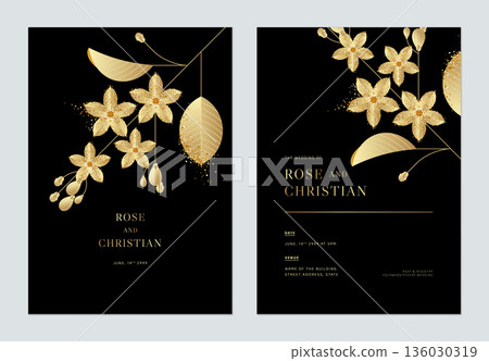 Floral wedding invitation card template design, golden Murraya paniculata flowers with leaves on black Floral wedding invitation card template design, golden Murraya paniculata flowers with leaves on black 136030319