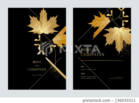 Floral wedding invitation card template design, golden sugar maple leaves with seeds on black Floral wedding invitation card template design, golden sugar maple leaves with seeds on black 136030321