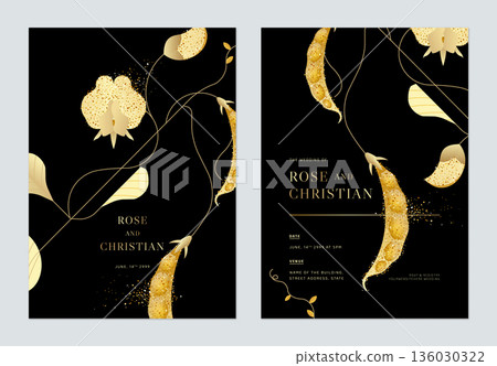 Floral wedding invitation card template design, golden sweet pea on black Floral wedding invitation card template design, golden sweet pea on black 136030322