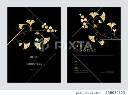 Floral wedding invitation card template design, golden ginko leaves with leaves on black Floral wedding invitation card template design, golden ginko leaves with leaves on black 136030323