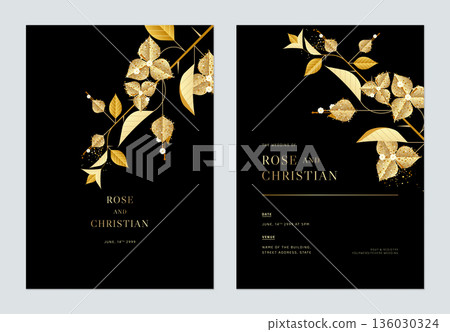 Floral wedding invitation card template design, golden Bougainvillea flowers with leaves on black 136030324