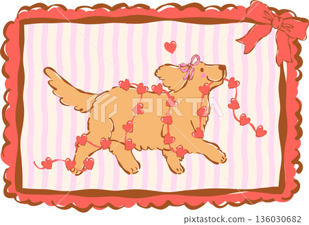 Cute Valentine Dog with Heart Garland in Vintage Frame Whimsical Hand Drawn Cute Valentine Dog with Heart Garland in Vintage Frame Whimsical Hand Drawn 136030682