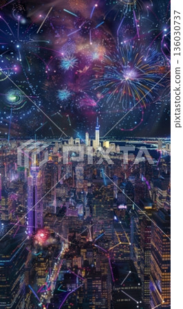 從高層公寓樓上看到的煙火和夜燈 136030737