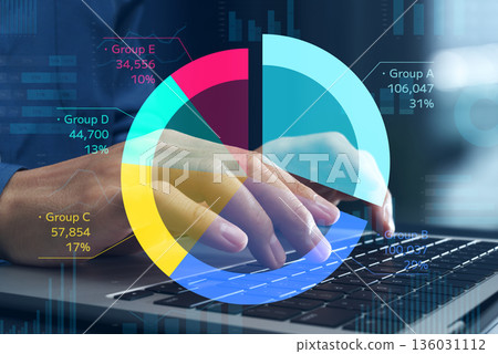 Data analysis. Pie charts and graphs. Statistical data analysis and business intelligence in web marketing. 136031112