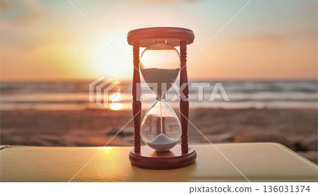 Hourglass in a wooden frame. Conceptual element symbolizing the passage of time, deadlines, mindfulness, and business efficiency 136031374