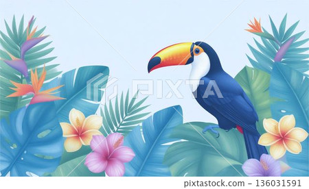 一隻色彩繽紛的巨嘴鳥棲息在熱帶雨林的樹枝上。異國野生動物、鳥類和叢林自然背景 136031591