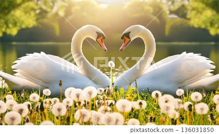 兩隻天鵝在蒲公英的絨毛中遙遙相望。這是春日自然、愛情、和平與夢幻風景的概念素材。 136031850