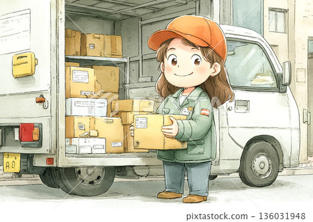 女性外送員從送貨車上搬運包裹 | 展現送貨上門和物流場景的工作插圖 136031948